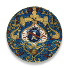 A GUBBIO MAIOLICA RUBY AND GOLD LUSTRED ARMORIAL DISH