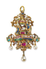 A CONTINENTAL JEWELED AND ENAMELED GOLD PENDANT OF JUDITH AND HOLOFERNES