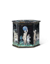 A HEXAGONAL LIMOGES ENAMEL SALT CELLAR DEPICTING THE LABORS OF HERCULES