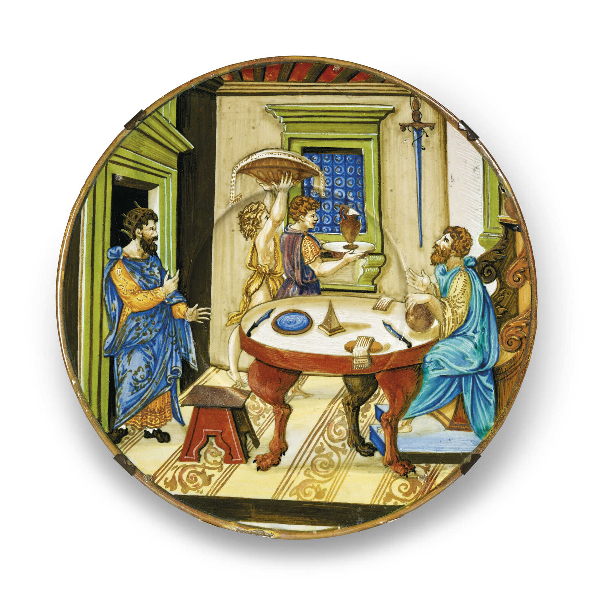 AN URBINO DATED GOLD AND RUBY LUSTRED MAIOLICA ISTORIATO PLATE