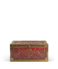 A FRENCH BRASS-STUDDED AND BOUND RED LEATHER CHEST