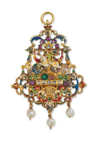 A CONTINENTAL JEWELED AND ENAMELED GOLD PENDANT OF SAINT GEORGE AND THE DRAGON - Foto 1