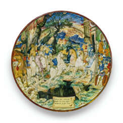 A LARGE DUCHY OF URBINO MAIOLICA DATED LUSTRED ISTORIATO CHARGER