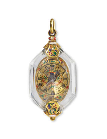 A ROCK CRYSTAL, GOLD AND ENAMEL SINGLE-HAND VERGE PENDANT WATCH - Foto 1
