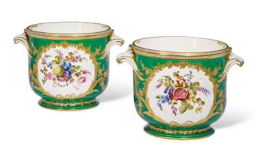 A PAIR OF SEVRES PORCELAIN GREEN-GROUND BOTTLE COOLERS (SEAUX A BOUTEILLE)