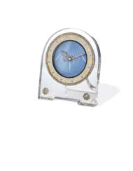 A FRENCH ROCK CRYSTAL, ENAMEL, GOLD AND DIAMOND DESK CLOCK