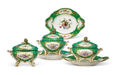 THREE SEVRES PORCELAIN GREEN-GROUND TUREENS, COVERS AND THREE STANDS
