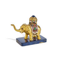 AN ANTIQUE MULTI-GEM, PEARL, ENAMEL AND DIAMOND-MOUNTED GOLD ELEPHANT IN PARADE COSTUME