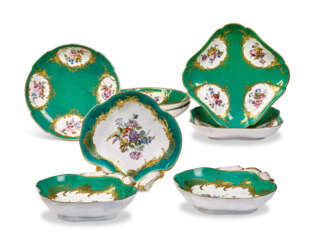 EIGHT SEVRES PORCELAIN GREEN-GROUND DISHES (COMPOTIERS)