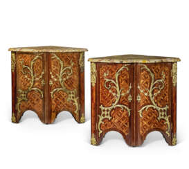 A PAIR OF REGENCE ORMOLU-MOUNTED AMARANTH, AND SATINWOOD PARQUETRY ENCOIGNURES