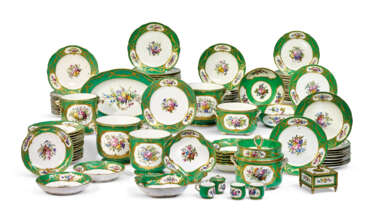 A LARGE ASSEMBLED SEVRES PORCELAIN (LATER-DECORATED) GREEN-GROUND PART DINNER AND DESSERT SERVICE