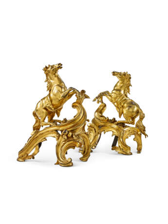 A PAIR OF LOUIS XV ORMOLU CHENETS `AUX CHEVAUX CABRES` - photo 1