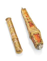 A LOUIS XV VARI-COLOR GOLD NEEDLE-CASE AND A GEORGE II GOLD-MOUNTED HARDSTONE NEEDLE-CASE