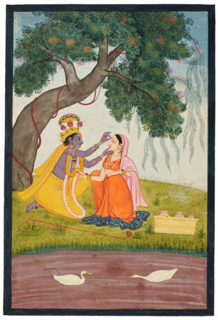 A PAINTING OF KRISHNA ADORNING RADHA WITH A TILAK - фото 1