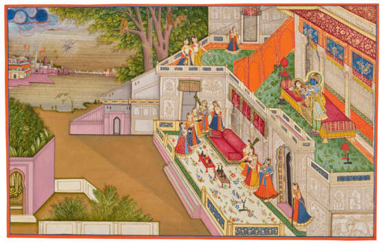 AN ILLUSTRATION FROM A SAT SAI SERIES: KRISHNA AND RADHA RECLINING ON A BALCONY - Foto 5