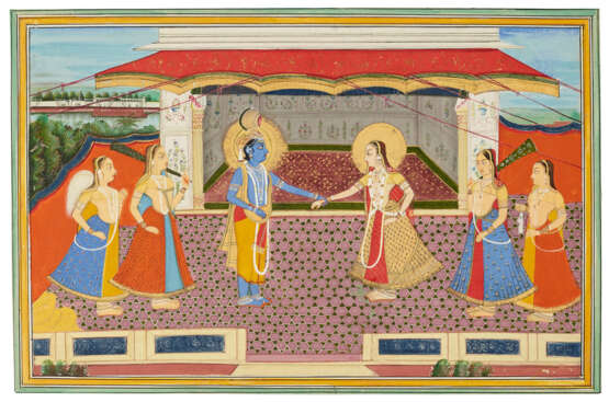 A ILLUSTRATION FROM A SAT SAI SERIES: KRISHNA AND RADHA MEETING ON A TERRACE - фото 1