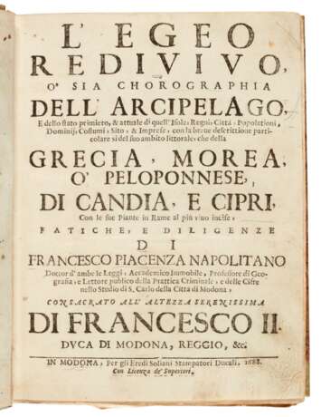 L'egeo redivivo or sia chorographia dell' arcipelago. Modona, 1688, modern half vellum - Foto 1