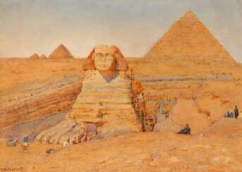 The Sphinx and the Great Pyramid, watercolour on paper, framed and glazed
