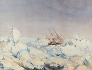 Ross Expedition | "Erebus" and "Terror" in the ice, 1844, signed by Fitch, framed with wood from HMS Terror