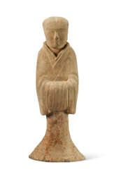 A LARGE PAINTED POTTERY FIGURE OF AN ATTENDANT