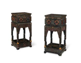 A PAIR OF GILT, POLYCHROME AND BLACK LACQUER STANDS