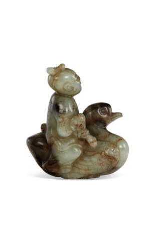 A GREEN AND BROWN JADE 'BOY AND DUCK' GROUP - photo 8