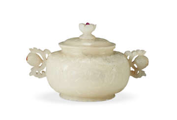 A PALE CELADON RUBY-INSET MUGHAL JADE CENSER AND COVER
