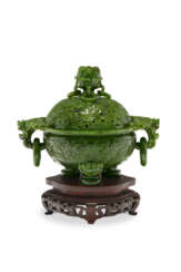 A SPINACH-GREEN JADE ARCHAISTIC TRIPOD CENSER AND COVER