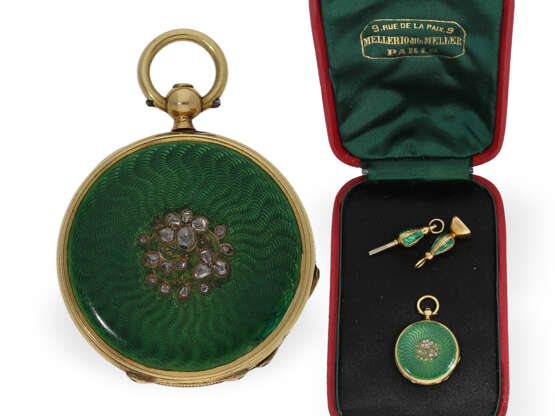 Taschenuhr: Gold/Emaille-Miniatur-Lepine mit Schlüssel und Petschaft, Originalbox Mellerio Paris - Foto 1