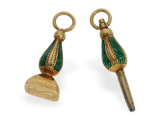 Taschenuhr: Gold/Emaille-Miniatur-Lepine mit Schlüssel und Petschaft, Originalbox Mellerio Paris - Foto 7