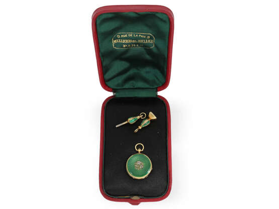 Taschenuhr: Gold/Emaille-Miniatur-Lepine mit Schlüssel und Petschaft, Originalbox Mellerio Paris - photo 8
