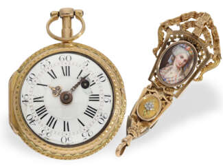 Taschenuhr: museale Louis XV 4-Farben-Spindeluhr mit dazugehöriger Gold/Emaille-Chatelaine und Originalbox, Berthoud (1727-1807) Paris