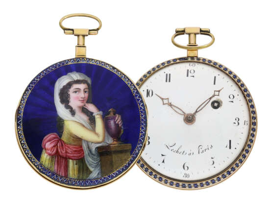 Taschenuhr: besonders große Gold/Emaille-Taschenuhr, signiert Lechet a Paris, ca.1795 - Foto 1