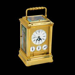 L'EPÉE 1839, LIMITED EDITION OF 150 PIECES, GILT CARRIAGE CLOCK WITH ENAMEL SIDE DOORS OF GUSTAVE COURBET'S PAINTING "YOUNG LADIES OF THE VILLAGE" 