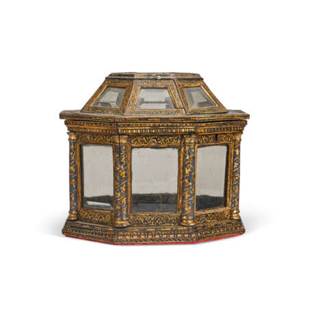 AN ITALIAN POLYCHROME-PAINTED, PARCEL-GILT AND GLASS-INSET RELIQUARY BOX - photo 1