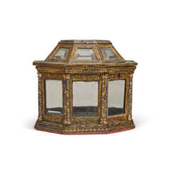 AN ITALIAN POLYCHROME-PAINTED, PARCEL-GILT AND GLASS-INSET RELIQUARY BOX