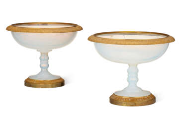 A PAIR OF ORMOLU-MOUNTED PALE-BLUE TRANSLUCENT OPALINE GLASS COMPOTES