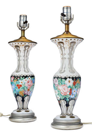 A PAIR OF BOHEMIAN WHITE OVERLAY CUT-GLASS VASES MOUNTED AS LAMPS - фото 1