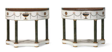 A PAIR OF MARBLE-VENEERED AND SCAGLIOLA DEMILUNE-FORM JARDINIERES