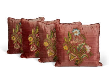 FOUR PINK SILK VELVET AND SILK EMBROIDERED CUSHIONS