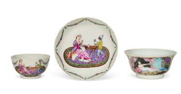 A GROUP OF CHINESE EXPORT PORCELAIN FAMILLE ROSE 'EUROPEAN SUBJECT' TEAWARES