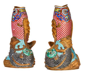 A PAIR OF CHINESE CLOISONNE ENAMEL 'FISH' VASES