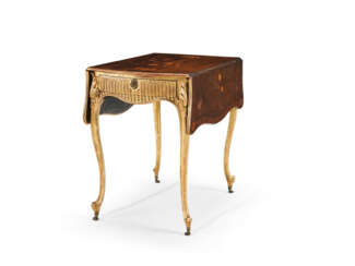 A GEORGE III HAREWOOD, ROSEWOOD, MARQUETRY AND GILTWOOD PEMBROKE TABLE