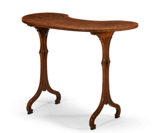 A GEORGE III BURR YEW, EAST INDIAN SATINWOOD, KINGWOOD, AND MARQUETRY KIDNEY-FORM WRITING TABLE - фото 1
