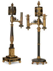 TWO GEORGE IV BRONZE AND GILT-­LACQUERED BRASS COLZA OIL LAMPS