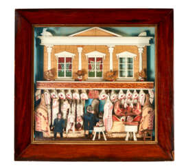 A PAINTED DIORAMA OF A BUTCHER SHOP