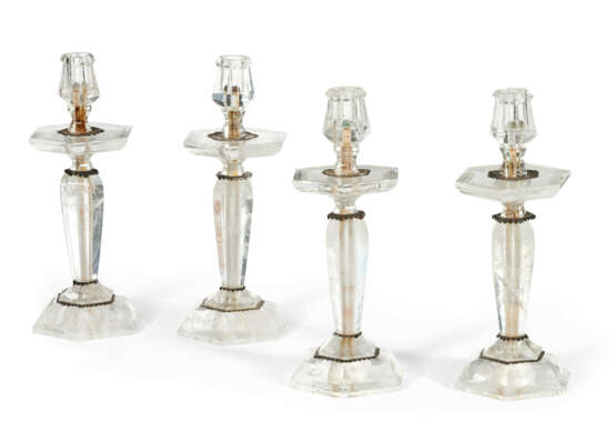 A SET OF FOUR SILVERED-METAL MOUNTED ROCK CRYSTAL CANDLESTICKS - photo 2