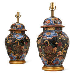A PAIR OF SAMSON PORCELAIN LACQUERED VASES AND COVERS MOUNTED AS LAMPS