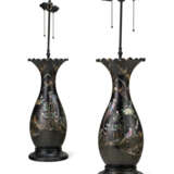 A PAIR OF JAPANESE MOTHER-OF-PEARL INLAID LACQUERED PORCELAIN VASES MOUNTED AS LAMPS - фото 2