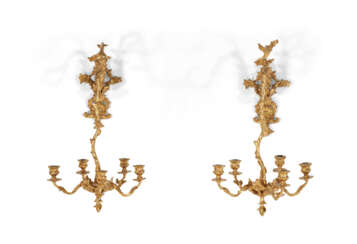 A PAIR OF LATE VICTORIAN GILTCOMPOSITION FIVE-BRANCH HANGING WALL-LIGHTS
